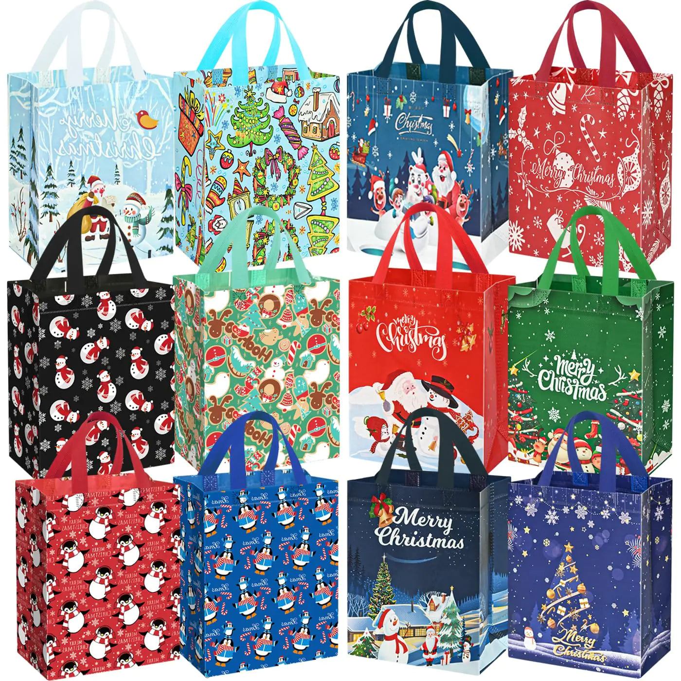 DECHISY 12Pack Small Christmas Gift Bags Non-woven Reusable Christmas Bags12 Different Style Christmas Tote Bags with Handles Holiday