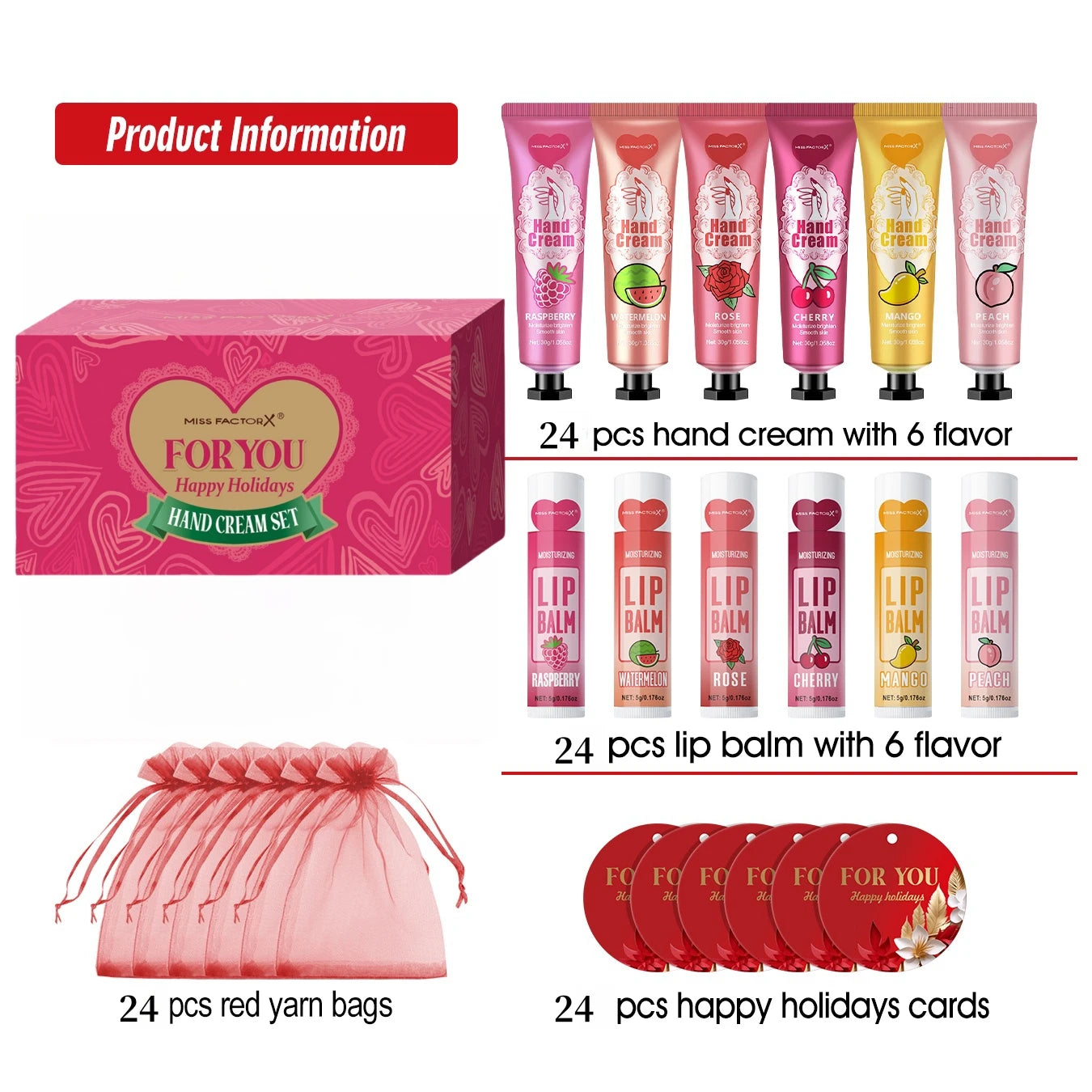96pcs gift set hand cream and lip balm, with thank you card and organza bag