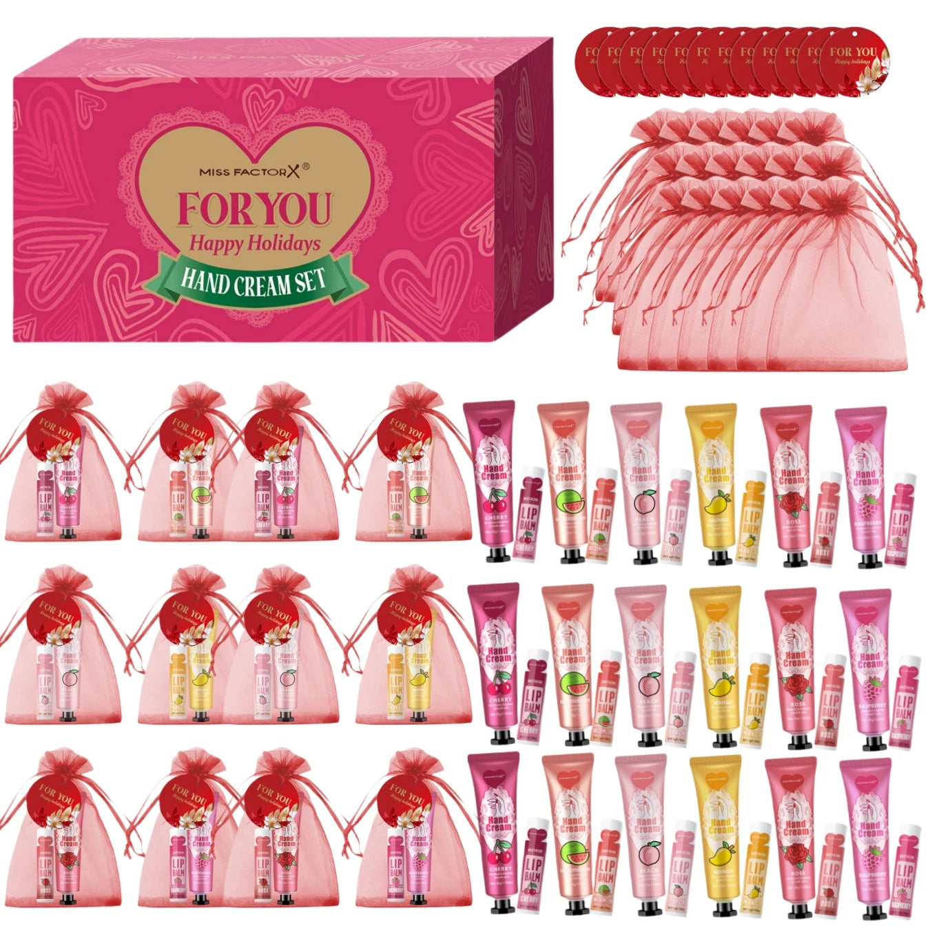 96pcs gift set hand cream and lip balm, with thank you card and organza bag