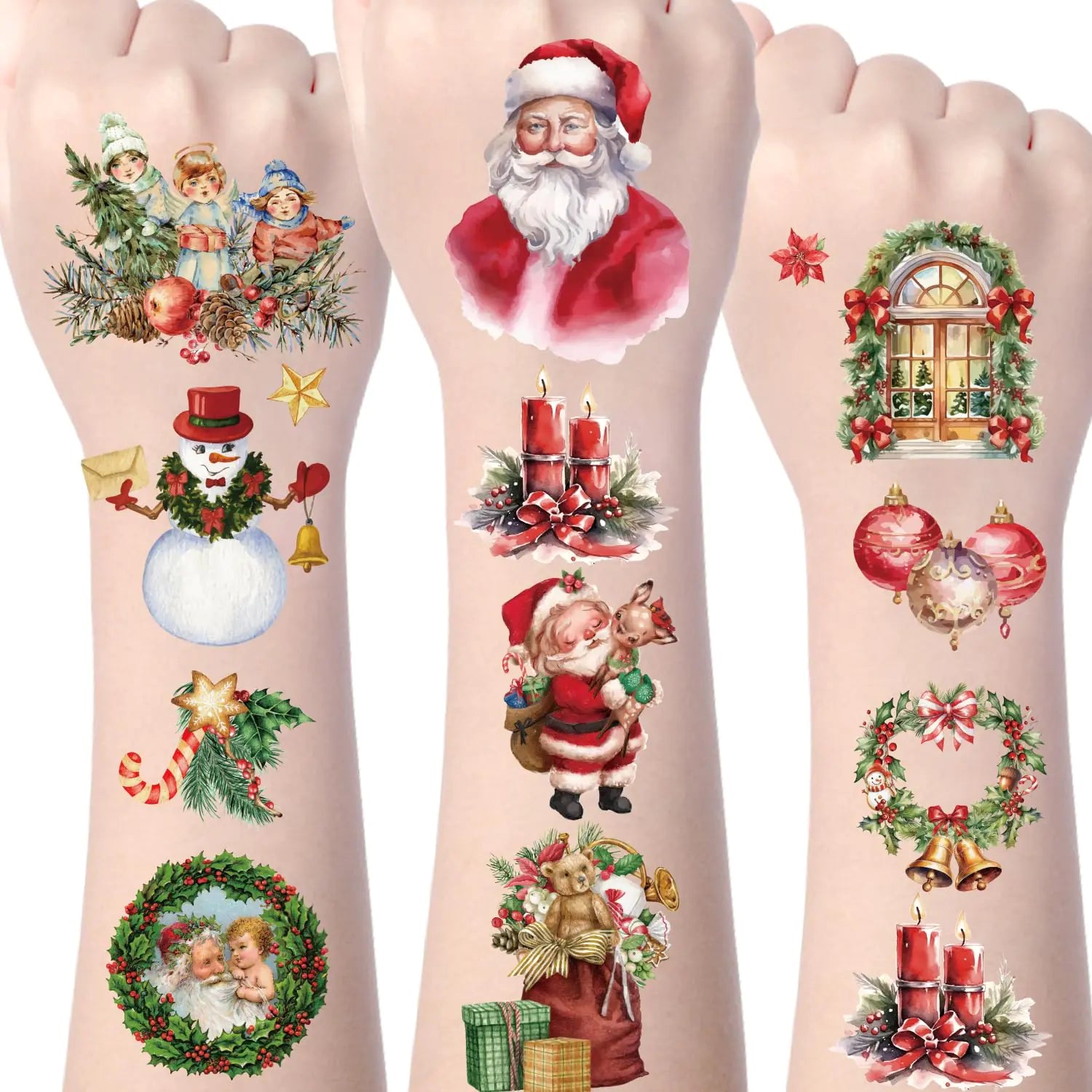 Yoyuspy Christmas Temporary Tattoos Stickers - 200+ Vintage Christmas Fake Tattoos Christmas Party Decorations Santa Claus Temporary Tattoo Gifts Holiday Christmas Party Favors Supplies for Kids Women